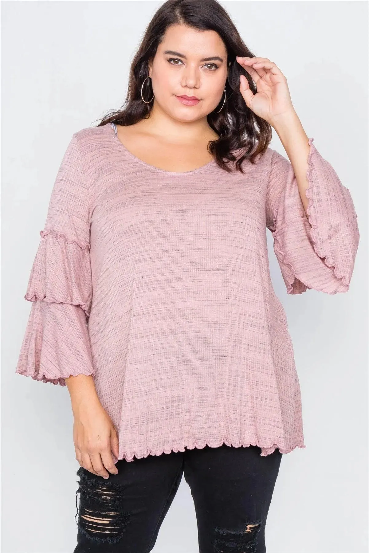 Plus Size Pink Tiered Ruffle Bell Sleeve Scoop Neck Top /2-2
