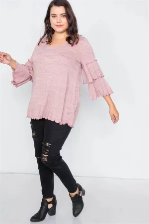 Plus Size Pink Tiered Ruffle Bell Sleeve Scoop Neck Top /2-2