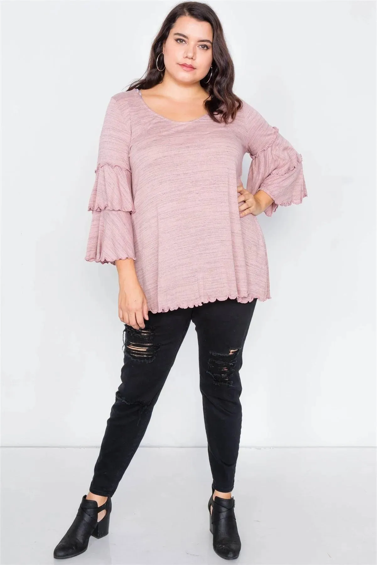 Plus Size Pink Tiered Ruffle Bell Sleeve Scoop Neck Top /2-2