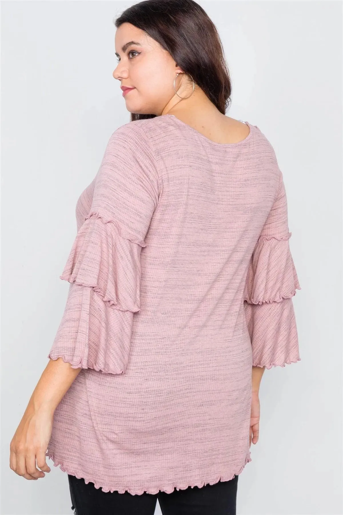 Plus Size Pink Tiered Ruffle Bell Sleeve Scoop Neck Top /2-2