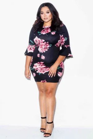 Plus Size Rose Mini Dress with Bell Sleeves [SALE]