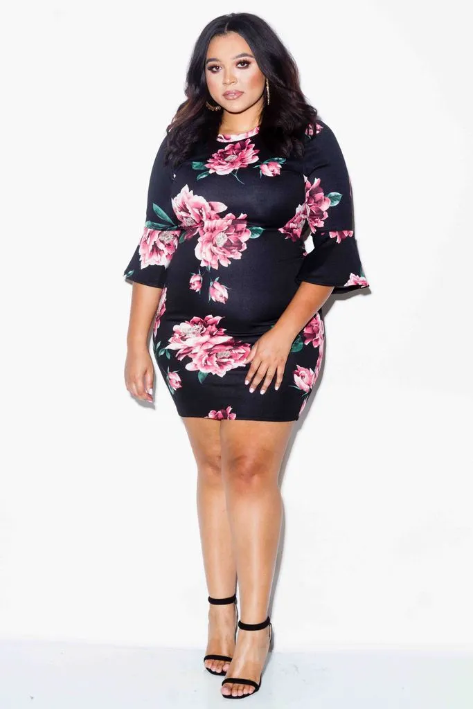 Plus Size Rose Mini Dress with Bell Sleeves [SALE]