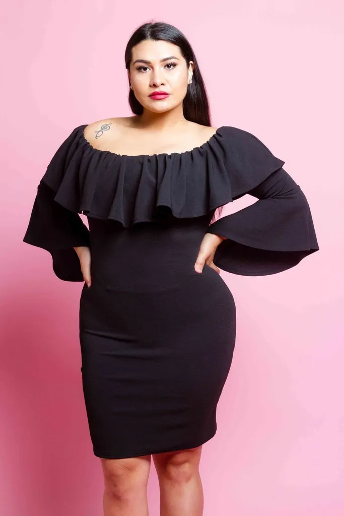 Plus Size Sexy Off Shoulder Bell Sleeve Dress