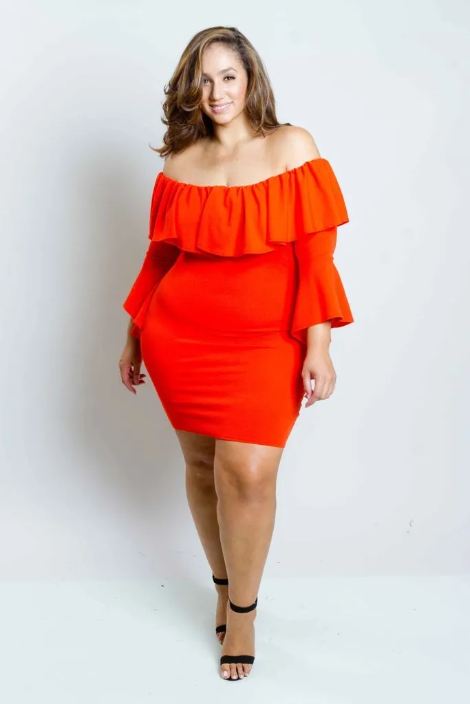 Plus Size Sexy Off Shoulder Dress with Bell Sleeves