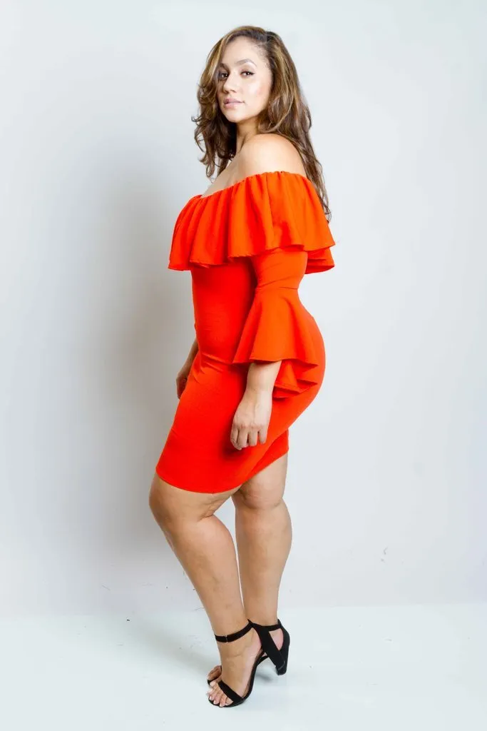 Plus Size Sexy Off Shoulder Dress with Bell Sleeves