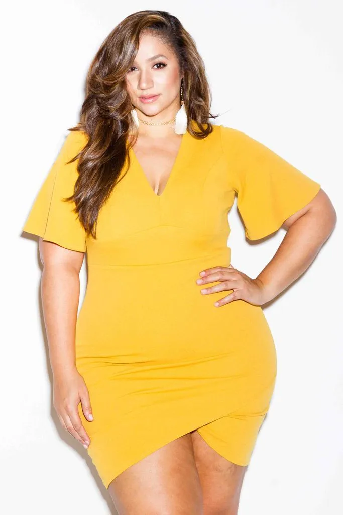 Plus Size Solid Bell Sleeve Overlap Dress [SALE]