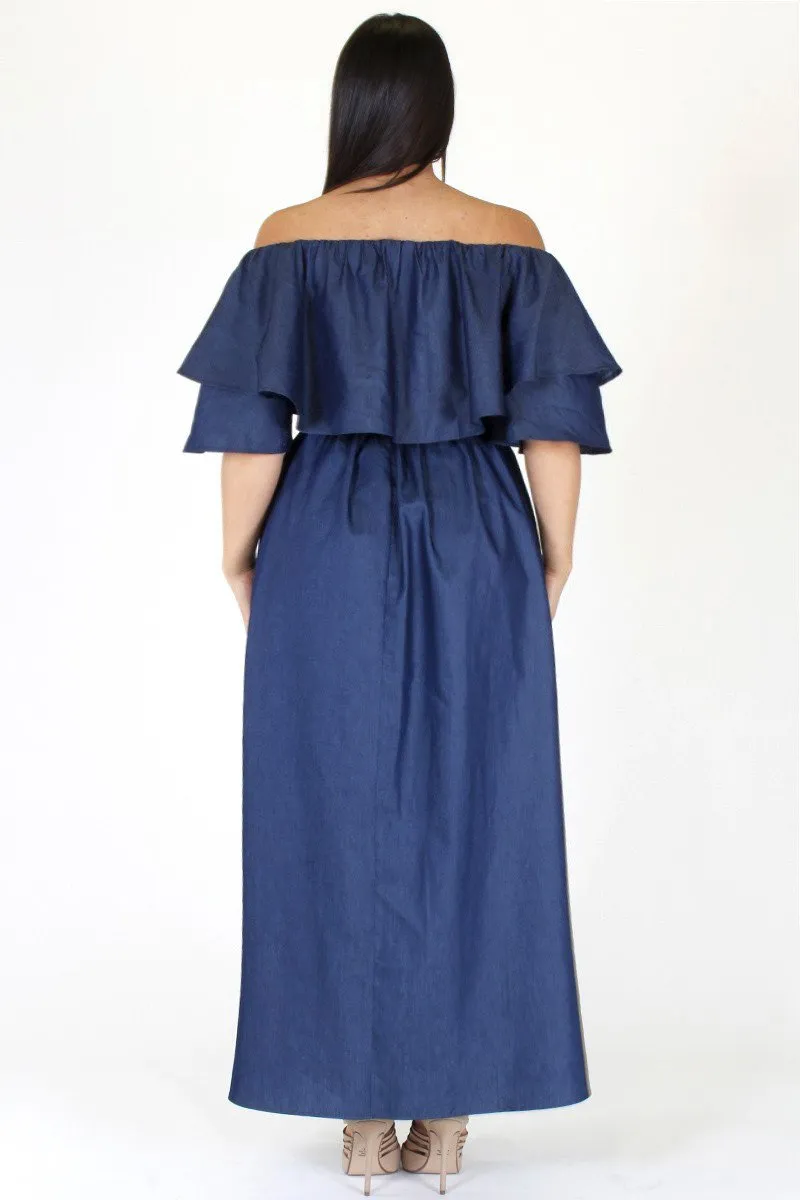 Plus Size Stunning Flounce Neckline Denim Maxi Dress