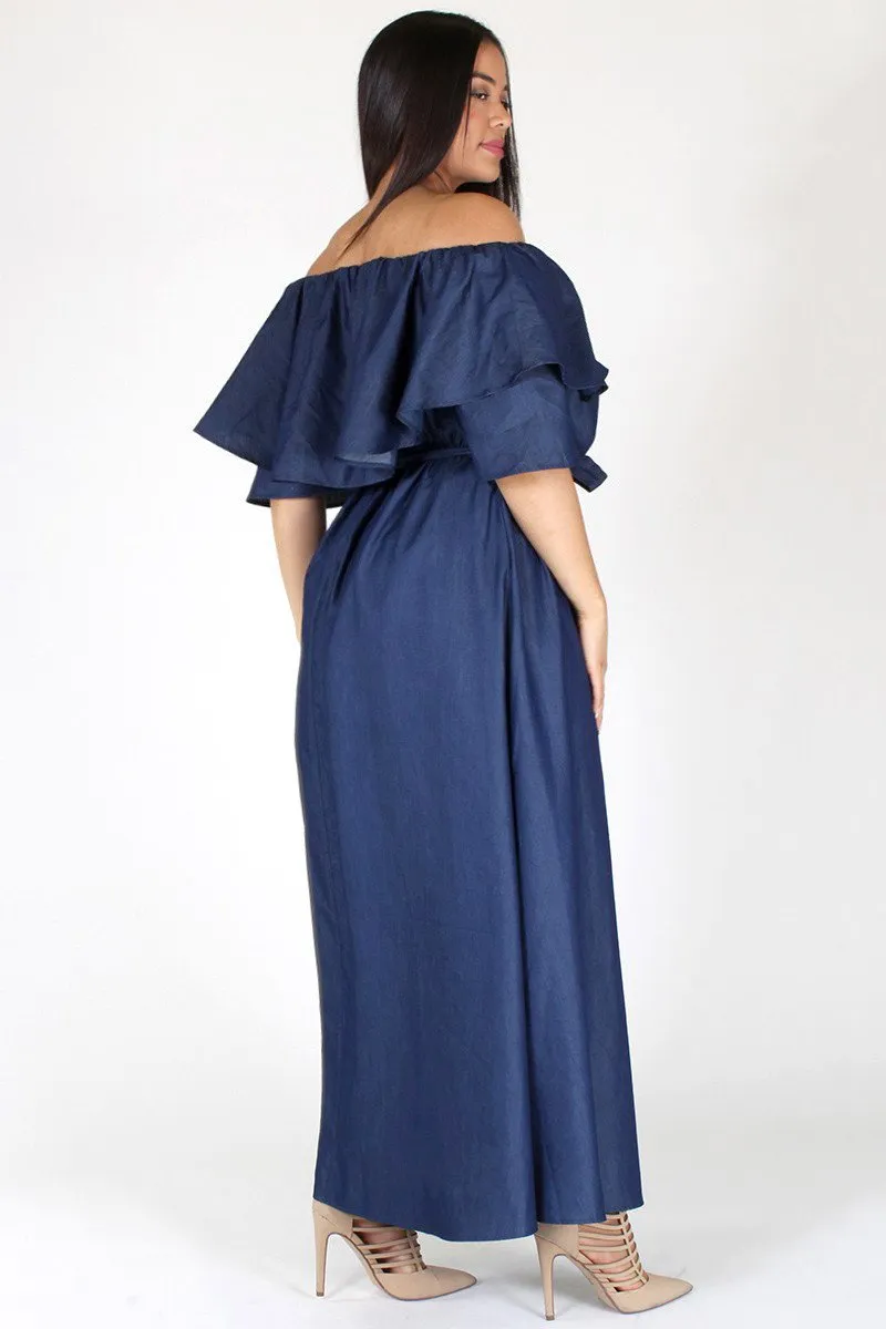 Plus Size Stunning Flounce Neckline Denim Maxi Dress