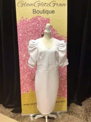 Plus Size White V-Neck  Bell Sleeves Dress