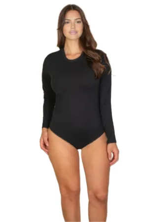 Plus Solid Long Sleeve Round Neck Bodysuit Black
