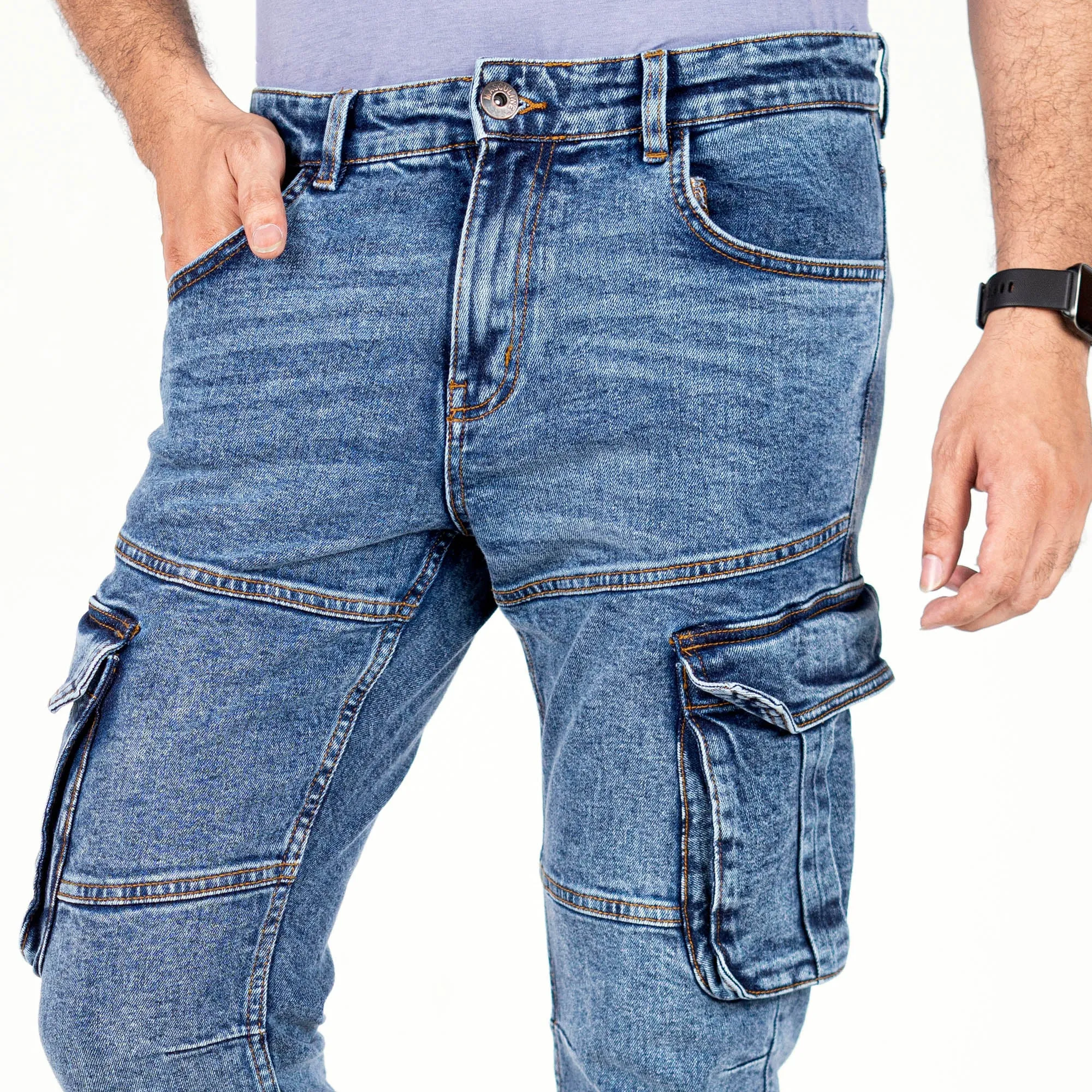 Premium Denim Cargo Pants - Bleach Wash Mid Blue