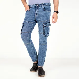 Premium Denim Cargo Pants - Bleach Wash Mid Blue