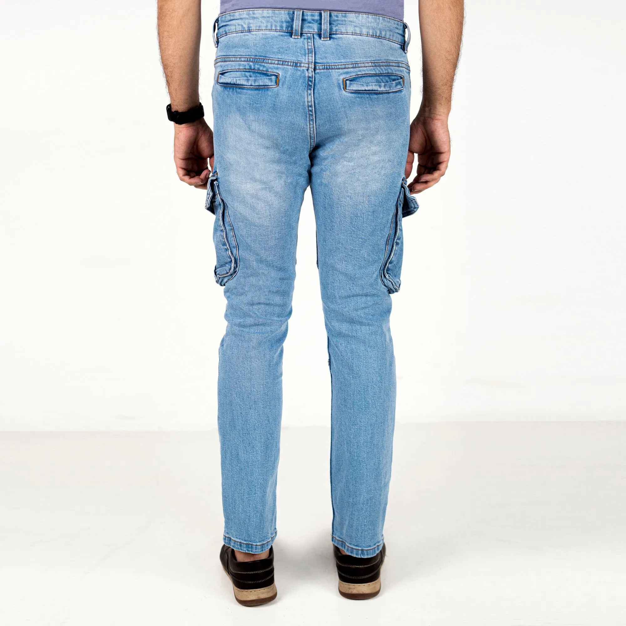 Premium Denim Cargo Pants - Light Blue