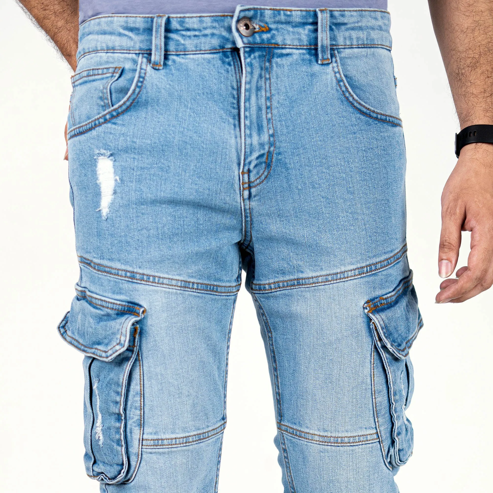 Premium Denim Cargo Pants - Light Blue