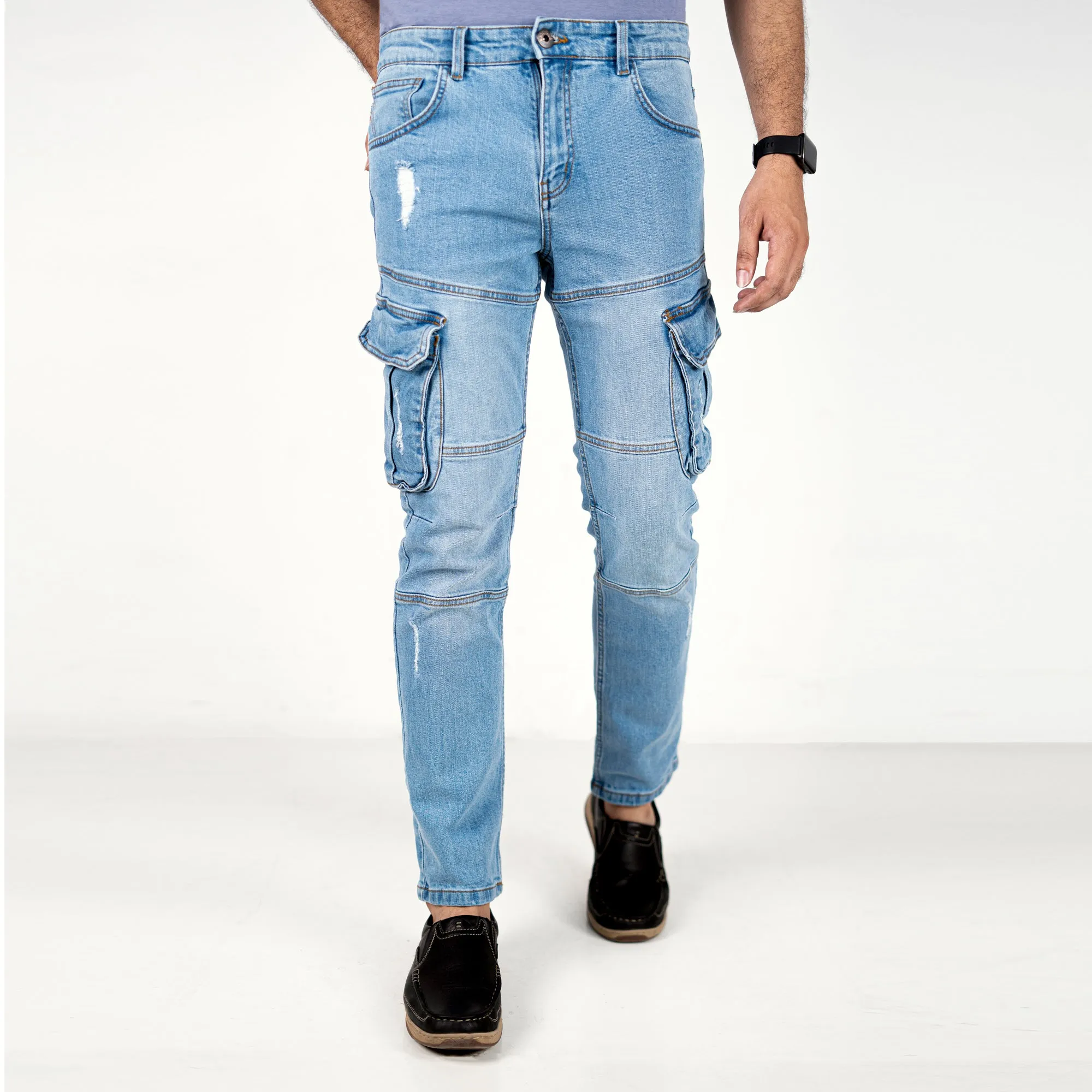Premium Denim Cargo Pants - Light Blue