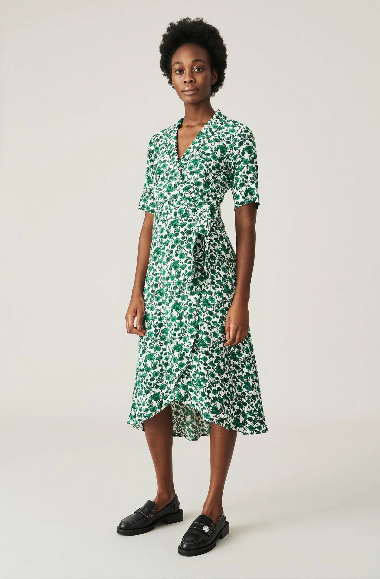 Printed Crepe Wrap Dress (Dark Green)