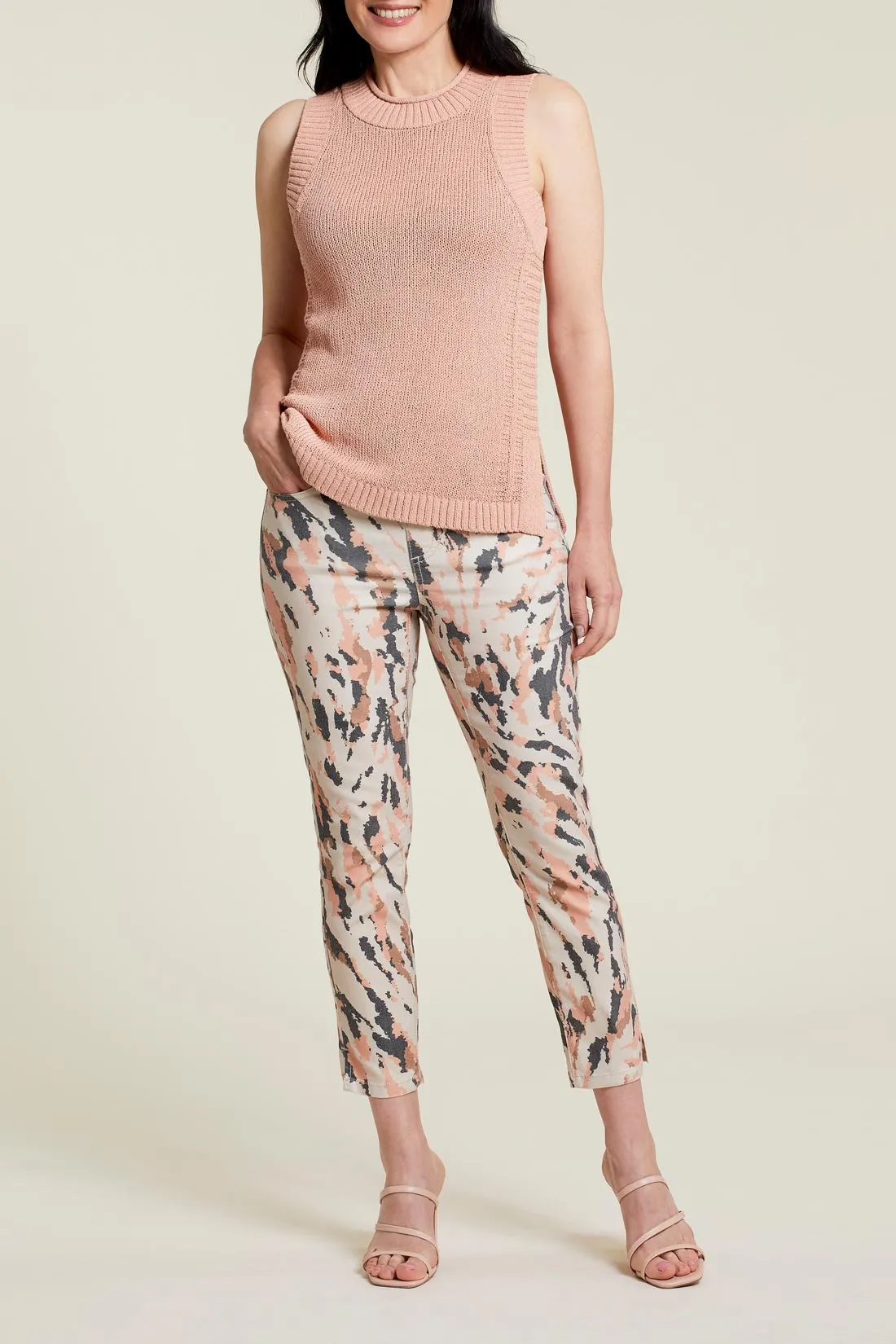 Printed Pull On Side Slit Capris - Sandstorm
