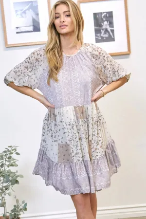 PRINTED ROUND NECK RUFFLE MINI DRESS