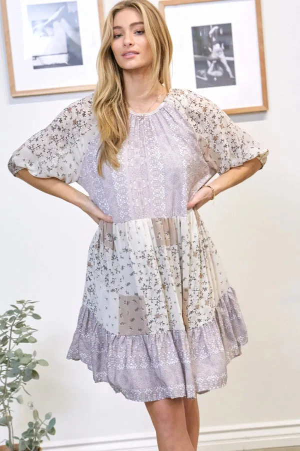 PRINTED ROUND NECK RUFFLE MINI DRESS