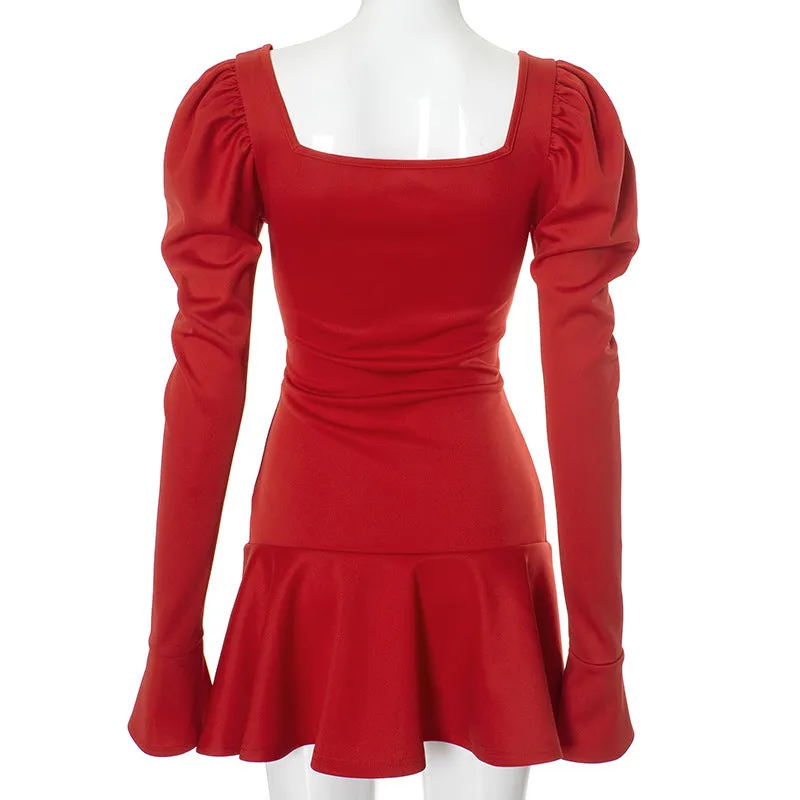 Puffy Long Sleeve Square Neckline Mini Dress