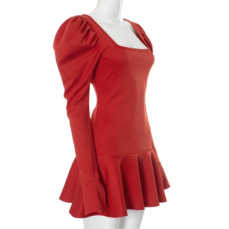 Puffy Long Sleeve Square Neckline Mini Dress