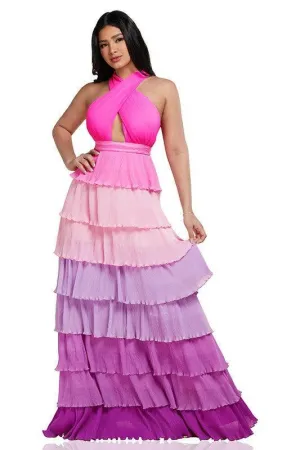 Purple Ombre Pleated Multi Tiers Maxi Dress