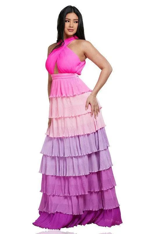 Purple Ombre Pleated Multi Tiers Maxi Dress