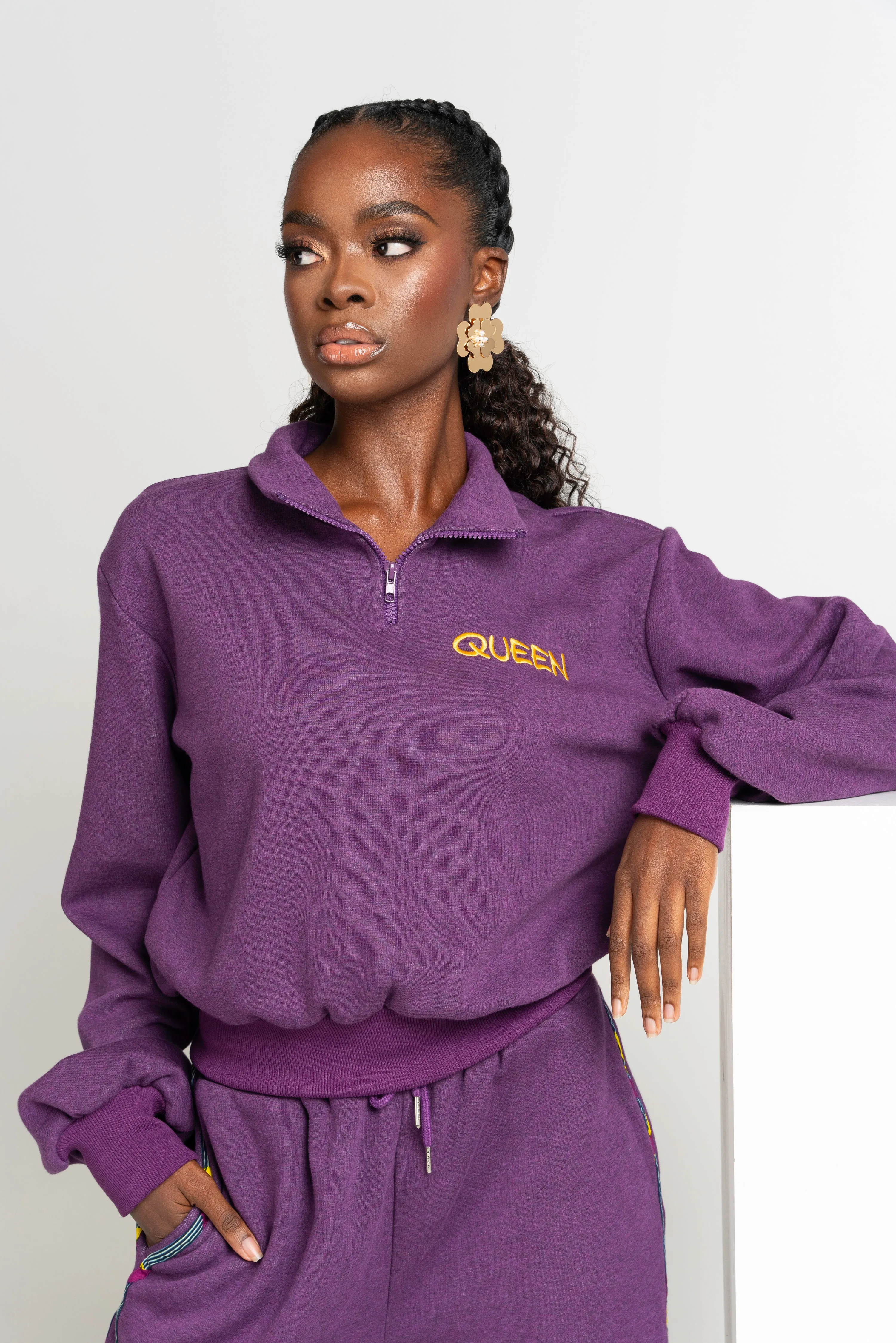 PURPLE QUEEN Plush fleece Crop Pullover
