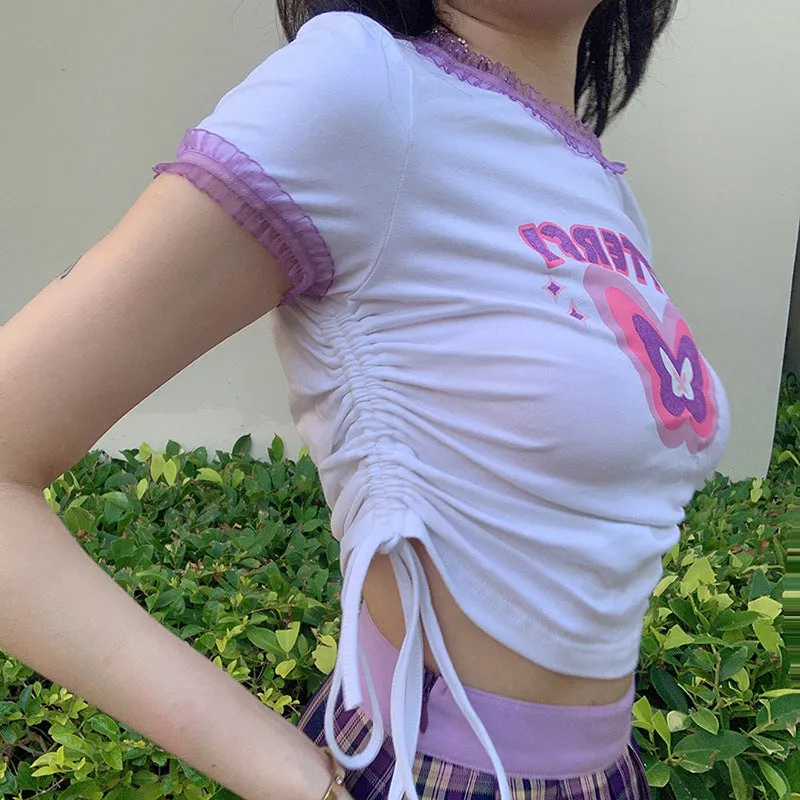 "BUTTERFLY PRINT DRAWSTRING" CROP TOP N072902