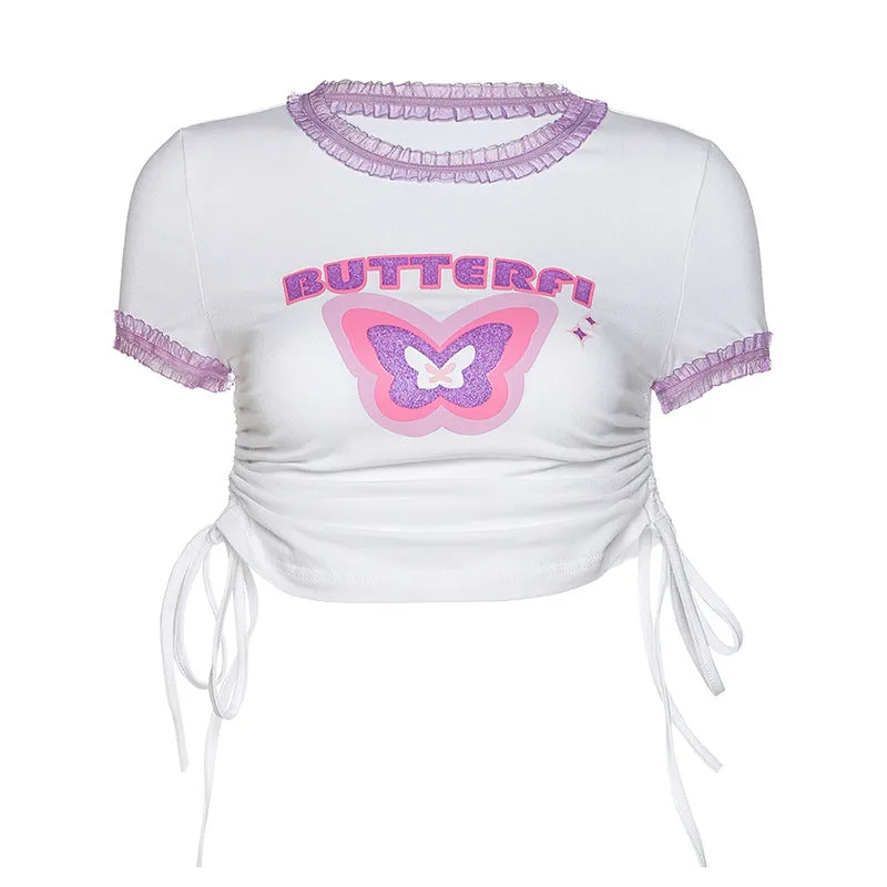 "BUTTERFLY PRINT DRAWSTRING" CROP TOP N072902