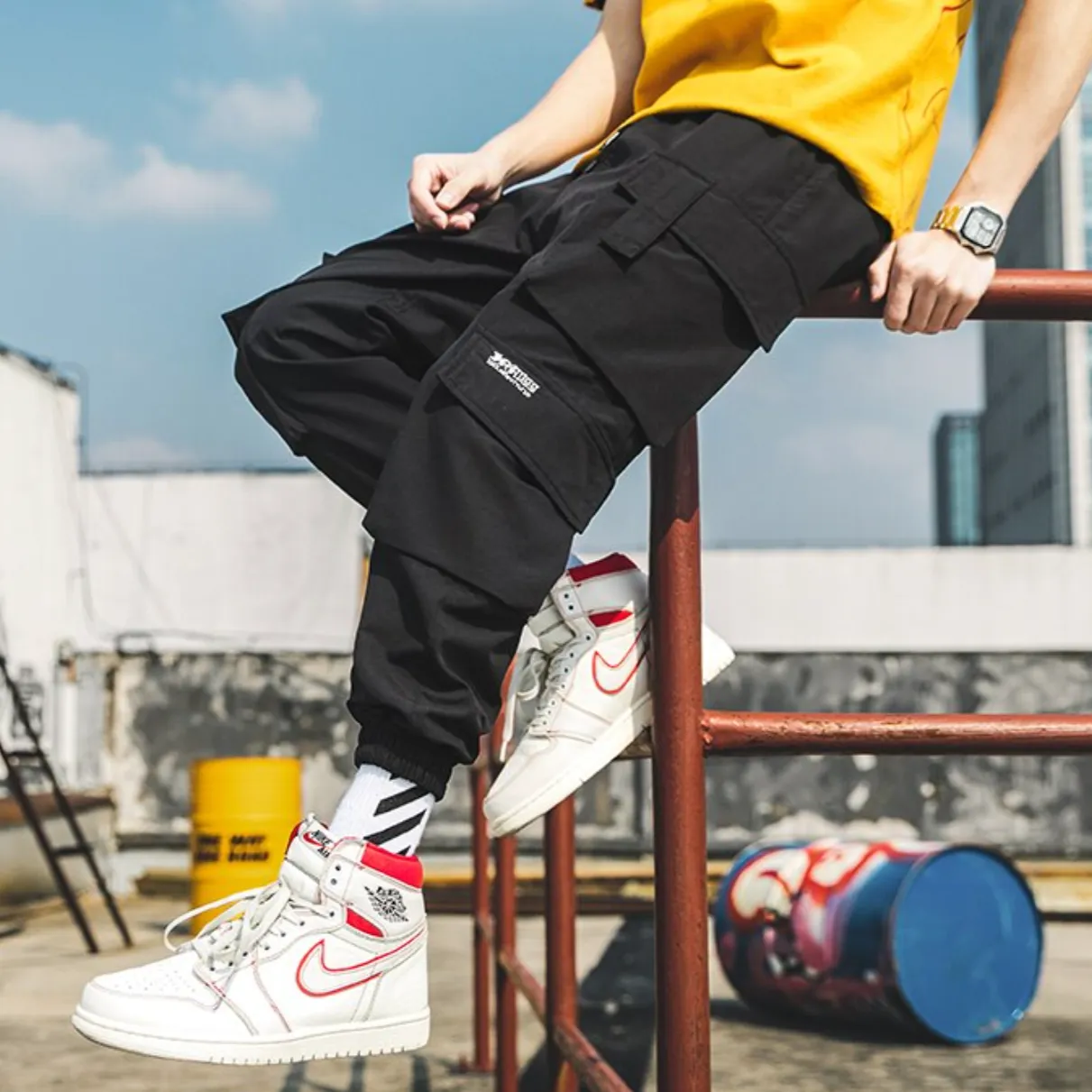 "CGO" Pantalon Cargo Noir à poches Streetwear - URB1™