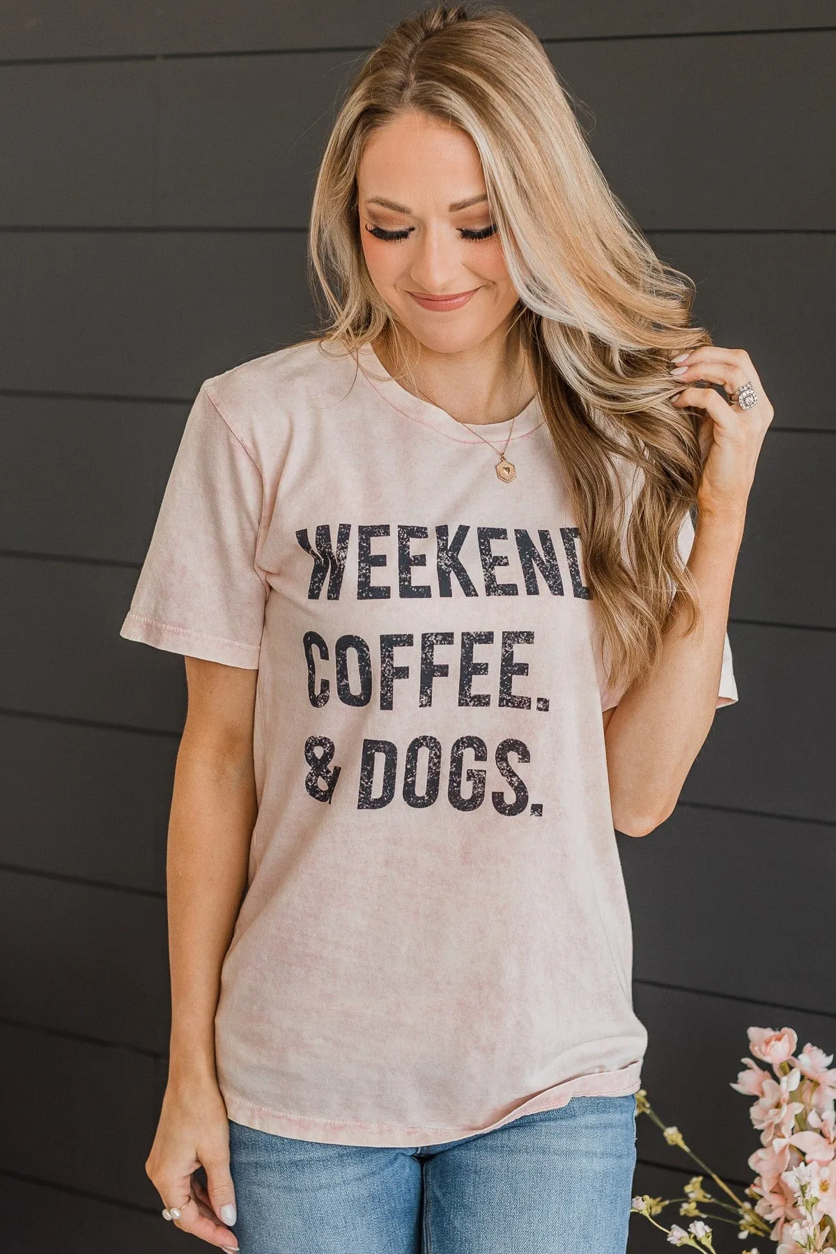 "Weekends, Coffee, & Dogs" Graphic Tee- Light Pink