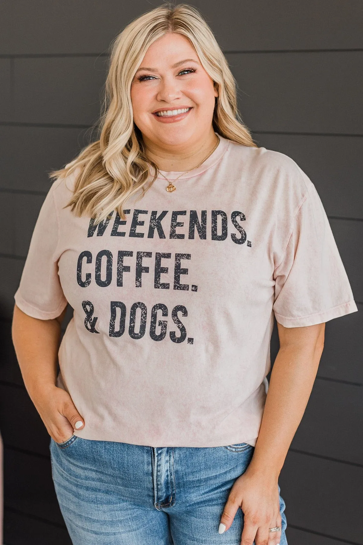 "Weekends, Coffee, & Dogs" Graphic Tee- Light Pink