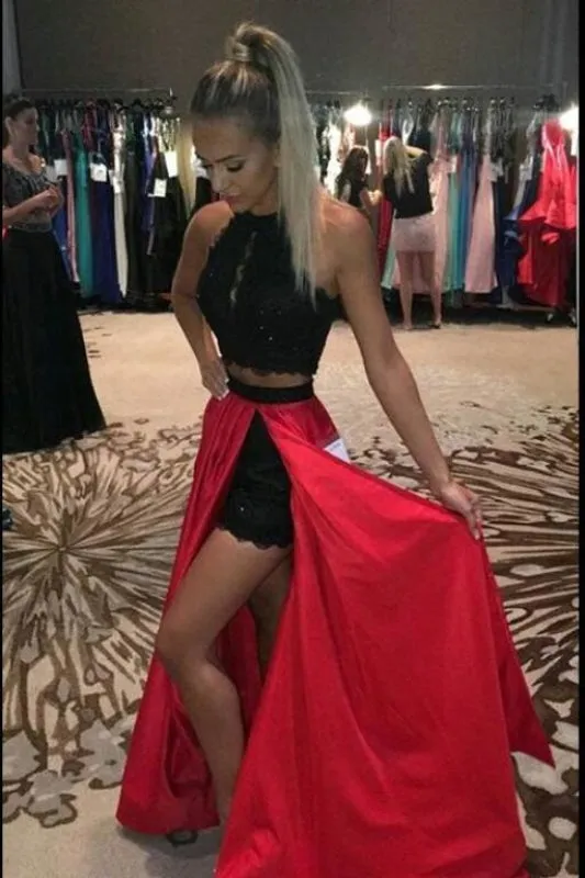 Red and Black A-line Jewel Split Sleeveless Lace Long Prom Party Dress