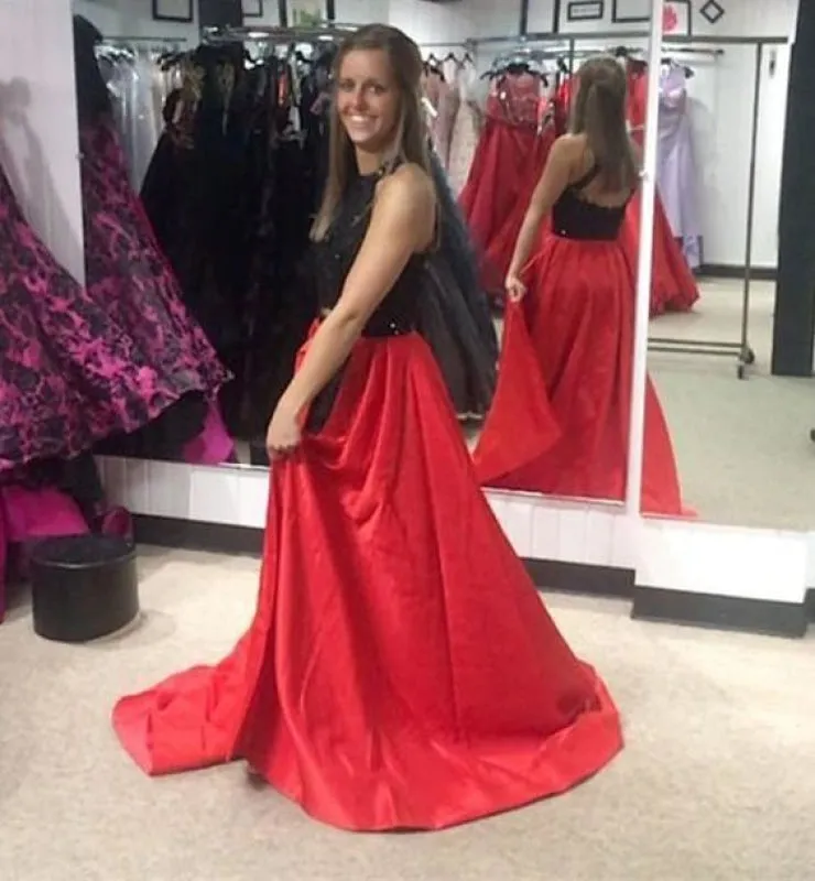 Red and Black A-line Jewel Split Sleeveless Lace Long Prom Party Dress