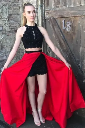 Red and Black A-line Jewel Split Sleeveless Lace Long Prom Party Dress