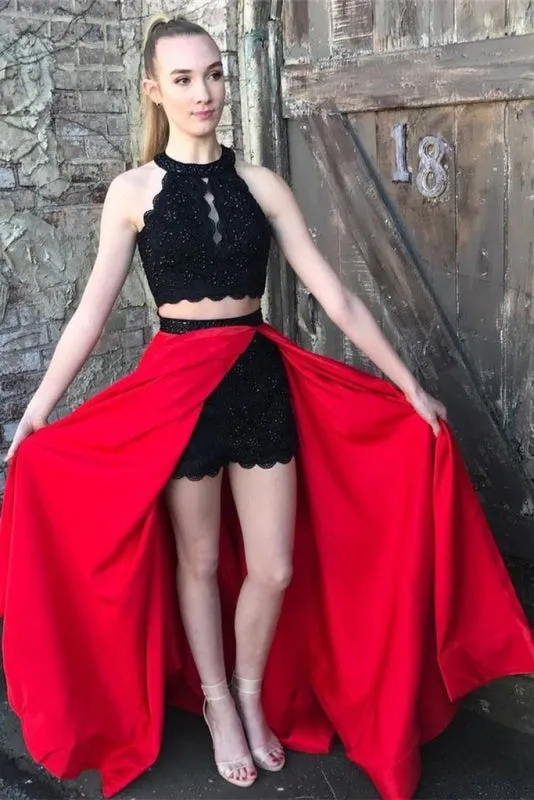 Red and Black A-line Jewel Split Sleeveless Lace Long Prom Party Dress