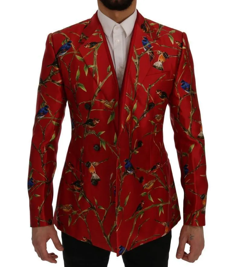 Red Bird Print Silk Slim Fit Blazer Jacket