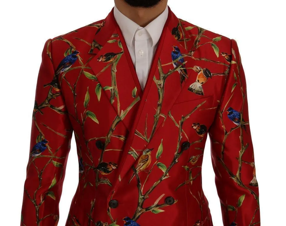 Red Bird Print Silk Slim Fit Blazer Jacket