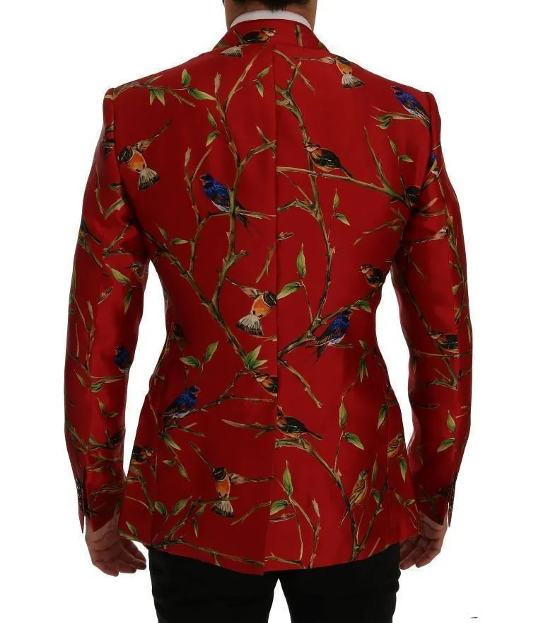 Red Bird Print Silk Slim Fit Blazer Jacket
