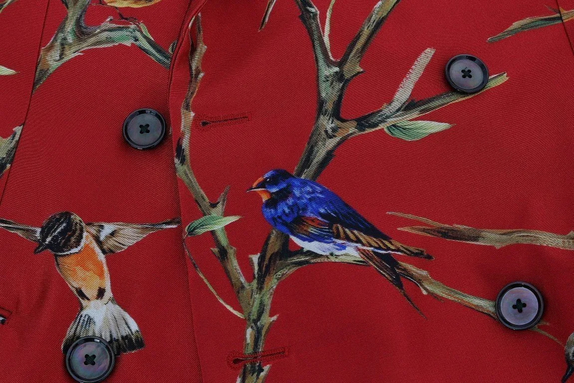 Red Bird Print Silk Slim Fit Blazer Jacket
