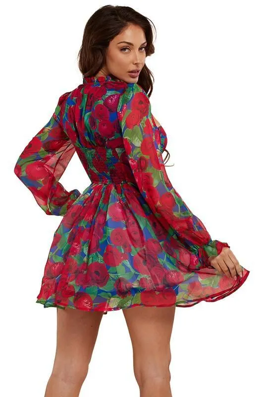 Red Floral Corset Style Romantic Charm Mini dress