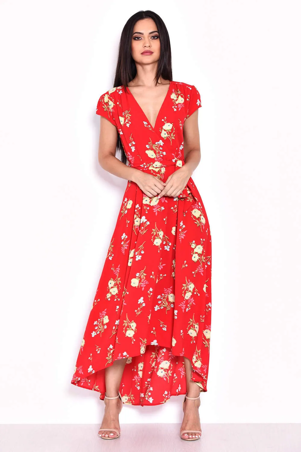 Red Floral Maxi Wrap Dress