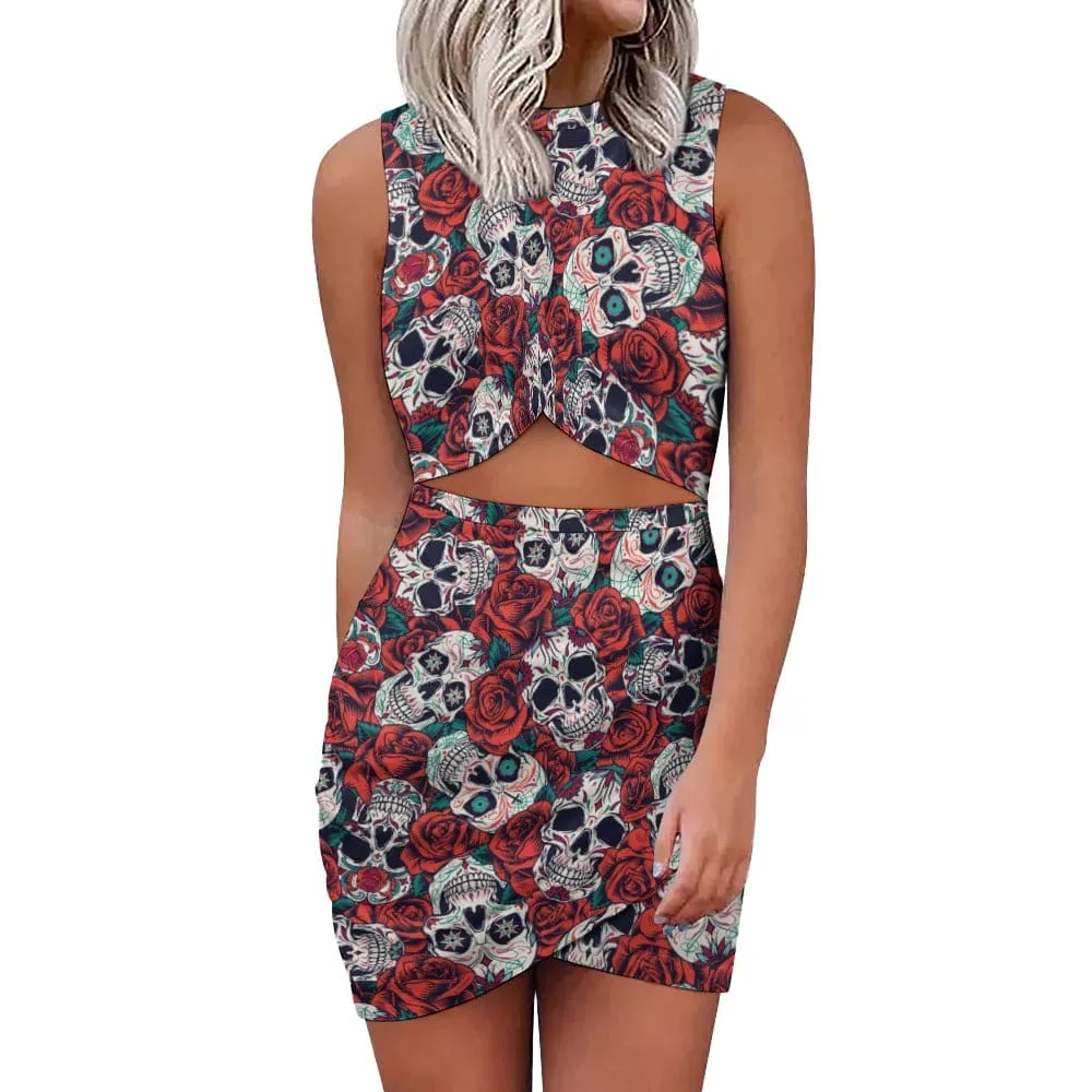 Red Floral Skulls Navel-Baring Sleeveless Dress