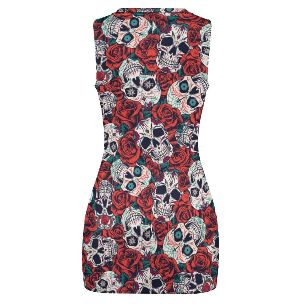 Red Floral Skulls Navel-Baring Sleeveless Dress