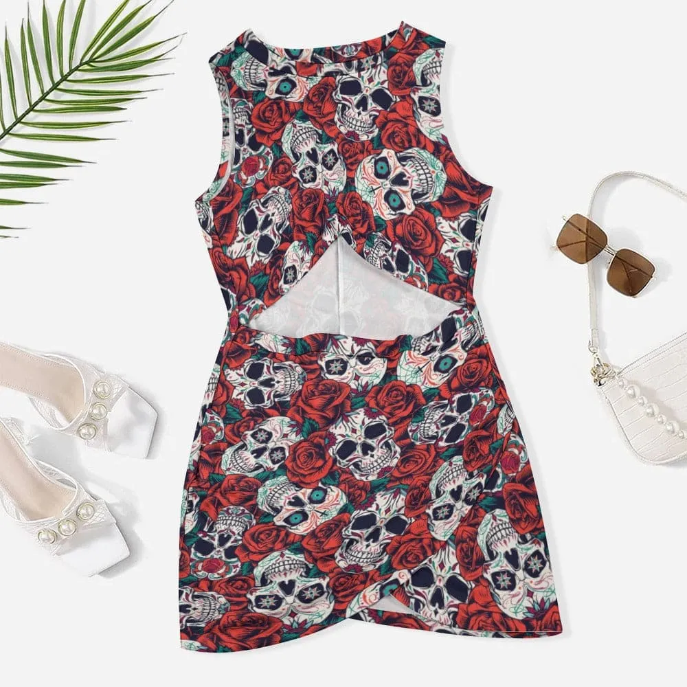 Red Floral Skulls Navel-Baring Sleeveless Dress