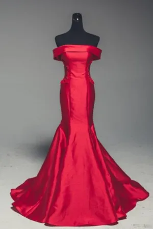 Red Satin Strapless Lone Mermaid Prom Dress With Sleeve