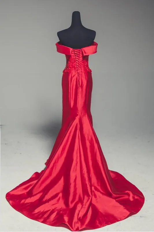 Red Satin Strapless Lone Mermaid Prom Dress With Sleeve