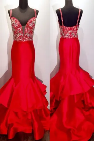 Red Satins V Neck Sequins Beaded Mermaid Long Prom Dress