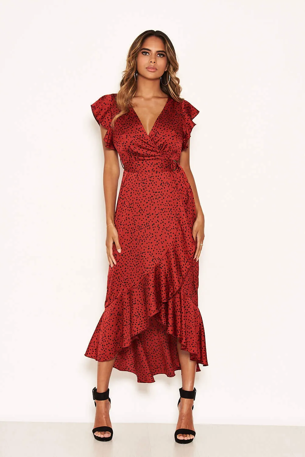 Red Spotty Frill Wrap Dress With D Ring Belt